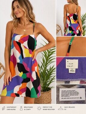 A New Day Linen Blend Abstract Print Slip Dress Spaghetti Strap Retro Large
